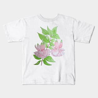 Pink fuchsia flowers with leaves floral Kids T-Shirt